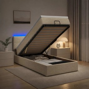 vidaXL Κρεβάτι Ottoman με Στρώμα και LED Κρεμ 90 x 200 cm Ύφασμα