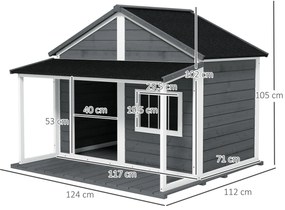 PawHut Σπιτάκι σκύλου εξωτερικού χώρου, με βεράντα, ανθεκτικό στις καιρικές συνθήκες, 124 cm x 112 cm x 105 cm, γκρι + λευκό