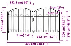 vidaXL Καγκελόπορτα Διπλή με Αψιδωτή Κορυφή Μαύρη 300x150 εκ. Ατσάλινη