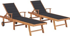 vidaXL Ξαπλώστρες 2 τεμ. από Μασίφ Ξύλο Teak με Κρεμ Μαξιλάρια