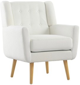 HOMCOM Πολυθρόνα, Πολυθρόνα με αυτιά, Πολυθρόνα με ξύλινα πόδια, Κουμπωτό καπιτονέ, Λευκό