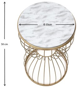 Τραπεζάκι βοηθητικό Pino Megapap μεταλλικό - Mdf χρώμα χρυσό - λευκό εφέ μαρμάρου 35x35x58εκ.