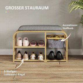 HOMCOM Παπουτσοθήκη με ράφια, παπουτσοθήκη, μπαμπού, ταπετσαρισμένο κάθισμα, Γκρι