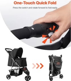 VEVOR Pet Stroller Foldable 3 Wheels Travel Dog Stroller with Brake up to 35lbs