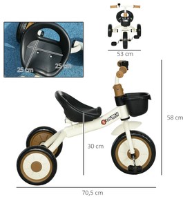 AIYAPLAY Τρίκυκλο για παιδιά 2-5 ετών, ρυθμιζόμενο ύψος καθίσματος, κουδούνι, καλάθι ποδηλάτου, μεταλλικός σκελετός, λευκό