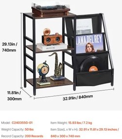 VEVOR 3 Tiers Record Player with LED Light &amp; USB Ports Metal Vinyl Shelf Black