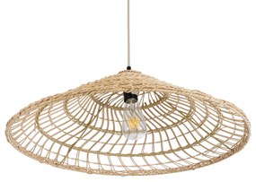 GloboStar KAIA 02346 Boho Κρεμαστό Φωτιστικό Οροφής Μονόφωτο 1 x E27 AC220-240V IP20 - Φ60 x Υ20cm - Μπεζ Ξύλινο Μπαμπού Πλέγμα Καμπάνα - 5 Χρόνια Εγγύηση - 02346