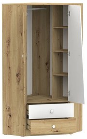 Γωνιακή ντουλάπα Akron M101, Άσπρο, Artisan βελανιδιά, 191x87x87cm, 82 kg, Πόρτες ντουλάπας: Με μεντεσέδες, Αριθμός ραφιών: 3, Αριθμός ραφιών: 3