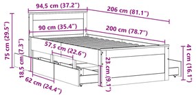 Σκελετός Κρεβατιού Χωρ. Στρώμα +Κεφαλάρι 90x200 εκ Μασίφ Πεύκου - Λευκό