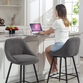 HOMCOM Σετ 2 σκαμπό μπαρ με κοτλέ ύφασμα και μεταλλικά πόδια, καρέκλες κουζίνας για νησίδα κουζίνας, τραπεζαρία, γκρι