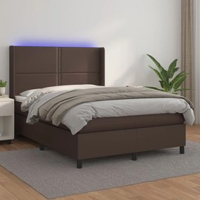 vidaXL Κρεβάτι Boxspring με Στρώμα & LED Καφέ 140x190 εκ. Συνθ. Δέρμα