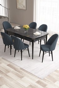 Extendable Dining Table &amp; Chairs Set (7 Pieces) Roz - Black Marble, Anthracite Black Marble
Anthracite