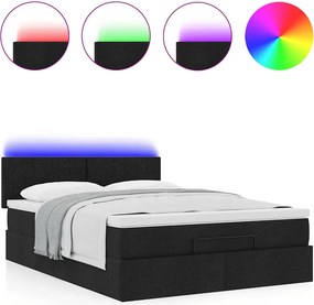 vidaXL Οθωμανικό κρεβάτι με στρώμα &amp; LEDs Μαύρο 140x200 cm Ύφασμα