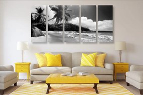 Εικόνα 5 μερών μιας όμορφης παραλίας στις Σεϋχέλλες σε ασπρόμαυρο