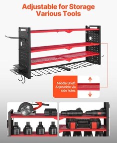 VEVOR Power Tool Organizer Wall Mount, 4-Layer Storage Rack with 8 Drill Holders, Tools Holder and Storage Rack with Side Pegboards, Garage Tool Organizer for Garage, Workbench, and Workshop