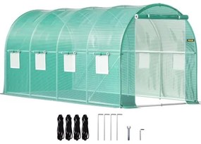 VEVOR Walk-in Tunnel Greenhouse, 15 x 7 x 7 ft Portable Plant Hot House w/ Galvanized Steel Hoops, 1 Top Beam, 2 Diagonal Poles, 2 Zippered Doors &amp; 8 Roll-up Windows, Green