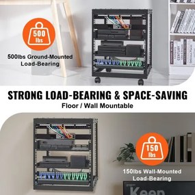 VEVOR 12U Open Frame Server Rack, 15&#039;&#039;-40&#039;&#039; Adjustable Depth, Free Standing or Wall Mount Network Server Rack, 4 Post AV Rack with Casters, Holds All Your Networking IT Equipment AV Gear Router Modem