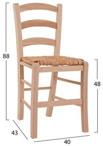 Καρέκλα Άβαφη ΠΑΡΟΣ Μασίφ Ξύλο Οξιάς με Ψάθα 40x43x88 εκ.