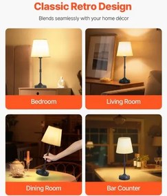 VEVOR Cordless Table Lamp 2PCS Rechargeable Battery Desk Lamp Fabric Shade Black