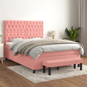 Κρεβάτι Boxspring με Στρώμα Ροζ 140x190 εκ. Βελούδινο