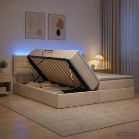 vidaXL LED Κρεβάτι αποθήκευσης με στρώμα Κρεμ 200 x 200 cm Ύφασμα