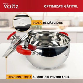 Κατσαρόλα Oliver Voltz OV51210N22, 22 cm, 4.6 l, Επαγωγή, Κόκκινες λαβές από σιλικόνη, Inox/Κόκκινος