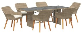 vidaXL Σέτ φαγητού για κήπο με μαξιλάρι 7 pcs Μπεζ συνθετικό ρατάν