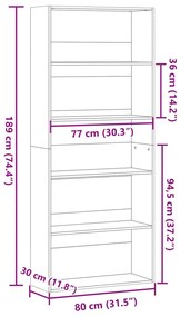 Βιβλιοθήκη με 5 Ράφια Μαύρη 80x30x189 εκ. Επεξεργασμένο Ξύλο - Μαύρο