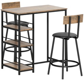 HOMCOM Σετ τραπεζαρίας 3 τεμαχίων με τραπέζι μπαρ και 2 καρέκλες, Μικρό σετ κουζίνας με πλαϊνά ράφια, MDF, Μέταλλο, Μαύρο