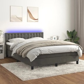 vidaXL Κρεβάτι Boxspring με Στρώμα & LED Σκ. Γκρι 140x200εκ. Βελούδινο