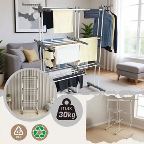 Στεγνωτήριο ρούχων Kinghoff KH 2044, 30 μ., έως 30 κιλά, 3 επίπεδα, ροδάκια, χάλυβας, λευκό/γκρι