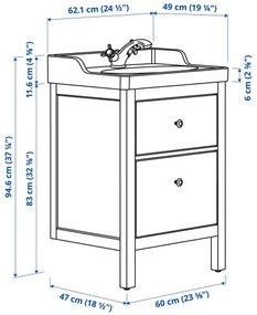 HEMNES/RUTSJON βάση νιπτήρα με συρτάρια/νιπτήρα/μπαταρία, 62x49x95 cm 495.468.34