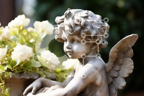 Intra Συλλεκτικό Ξύλινο Παζλ Plywood  4mm - Χερουβικό άγαλμα αγγέλου σε έναν κήπο Σε Ξύλινο Κουτί - Διαστάσεις Puzzle: 10x10 cm – 25 κομμάτια