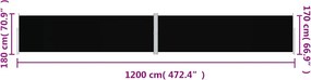 vidaXL Σκίαστρο Πλαϊνό Συρόμενο Μαύρο 180 x 1200 εκ.