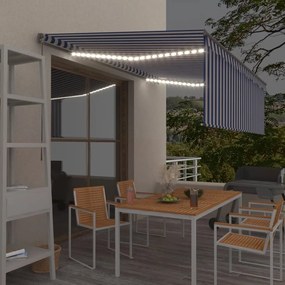 vidaXL Τέντα Συρόμενη Χειροκίνητη με Σκίαστρο &amp; LED Μπλε/Λευκό 4 x 3 μ