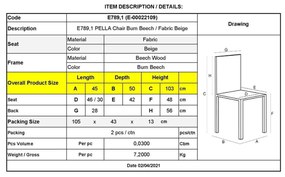 Καρέκλα PELLA Οξυά Καρυδί Burn Beech/Ύφ.Μπεζ 45x50x103cm (Σετ 2 ΤΕΜ)