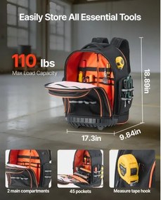 VEVOR Rolling Tool Backpack 45 Pockets Heavy Duty Roller Tool Bag on Wheels