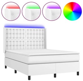 vidaXL Κρεβάτι Boxspring με Στρώμα & LED Λευκό 140x200 εκ. Συνθ. Δέρμα