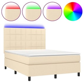 Κρεβάτι Boxspring με Στρώμα &amp; LED Κρεμ 140x190 εκ. Υφασμάτινο - Κρεμ