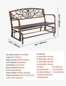VEVOR Outdoor Bench Patio Bench Glider 127 cm Metal Frame Cast Iron Backrest