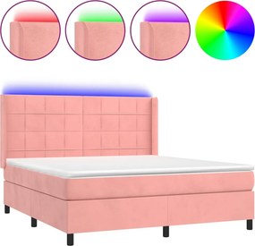 vidaXL Κρεβάτι Boxspring με Στρώμα &amp; LED Ροζ 160x200 εκ. Βελούδινο