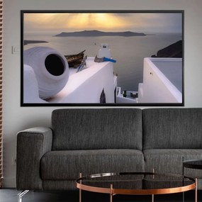 Πίνακας σε Plexiglass με Θέμα &#8220;Θέα από παραδοσιακό σπίτι στη Σαντορίνη&#8221; σε μαύρη ξύλινη Κορνίζα με ρυθμιζόμενο Φώς - 150cmX100cm