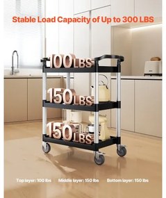 VEVOR Heavy Duty Utility Cart 300 lbs Capacity 3-tier Service Cart with Wheels
