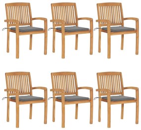 Καρέκλες Κήπου Στοιβαζόμενες 6 τεμ. Μασίφ Ξύλο Teak &amp; Μαξιλάρια - Γκρι