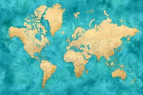 Χάρτης Detailed world map with cities in gold and teal watercolor, Lexy, Blursbyai