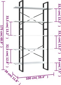 vidaXL Βιβλιοθήκη με 5 Ράφια Λευκή 100 x 30 x 175 εκ. από Επεξ. Ξύλο