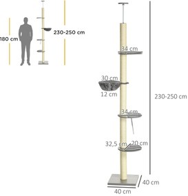 PawHut Ορθοστάτης για γάτες με αιώρα, με ελατήριο οροφής, ύψος οροφής, 40 εκ. x 40 εκ. x 250 εκ., Γκρι + Κρεμ