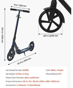 VEVOR Kick Scooter for Kids Ages 8+, Teens &amp; Adults, 2-Wheel Toddler Scooter with Adjustable Height Handlebar, Wide Anti-Slip Deck, Foldable Lightweight for Boys &amp; Girls up to 99.8 kg, Black + Purple