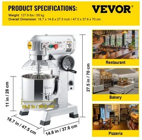 VEVOR Commercial Stand Mixer, 15Qt Stainless Steel Bowl, 850W Heavy Duty Electric Food Mixer with 3 Speeds Adjustable 113/184/341 RPM, Dough Hook Whisk Beater Included, Perfect for Bakery Pizzeria