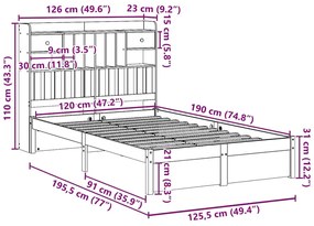 Κρεβάτι Βιβλιοθήκη Χωρίς Στρώμα 120x190 εκ Μασίφ Ξύλο Πεύκου - Καφέ